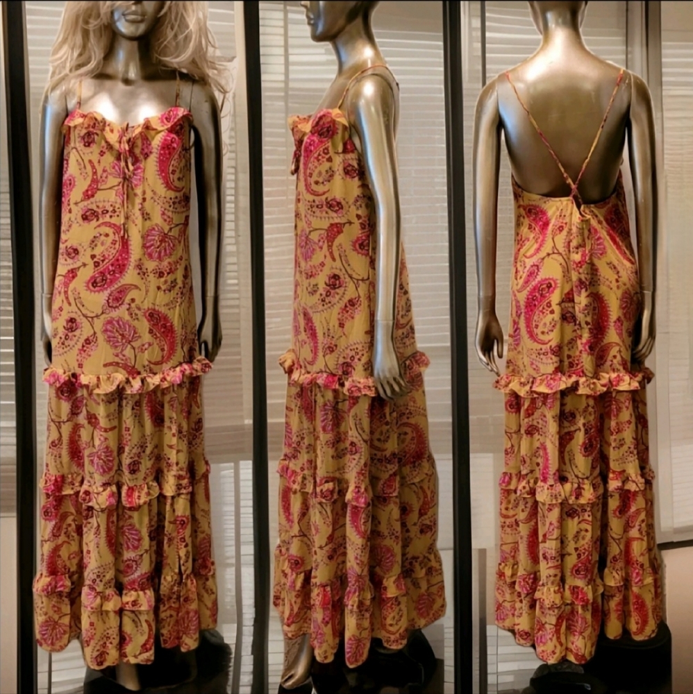 NWT Romantic Paisley Print Crisscross Backless Layered Hem Maxi Dress Sz M - Picture 5 of 14